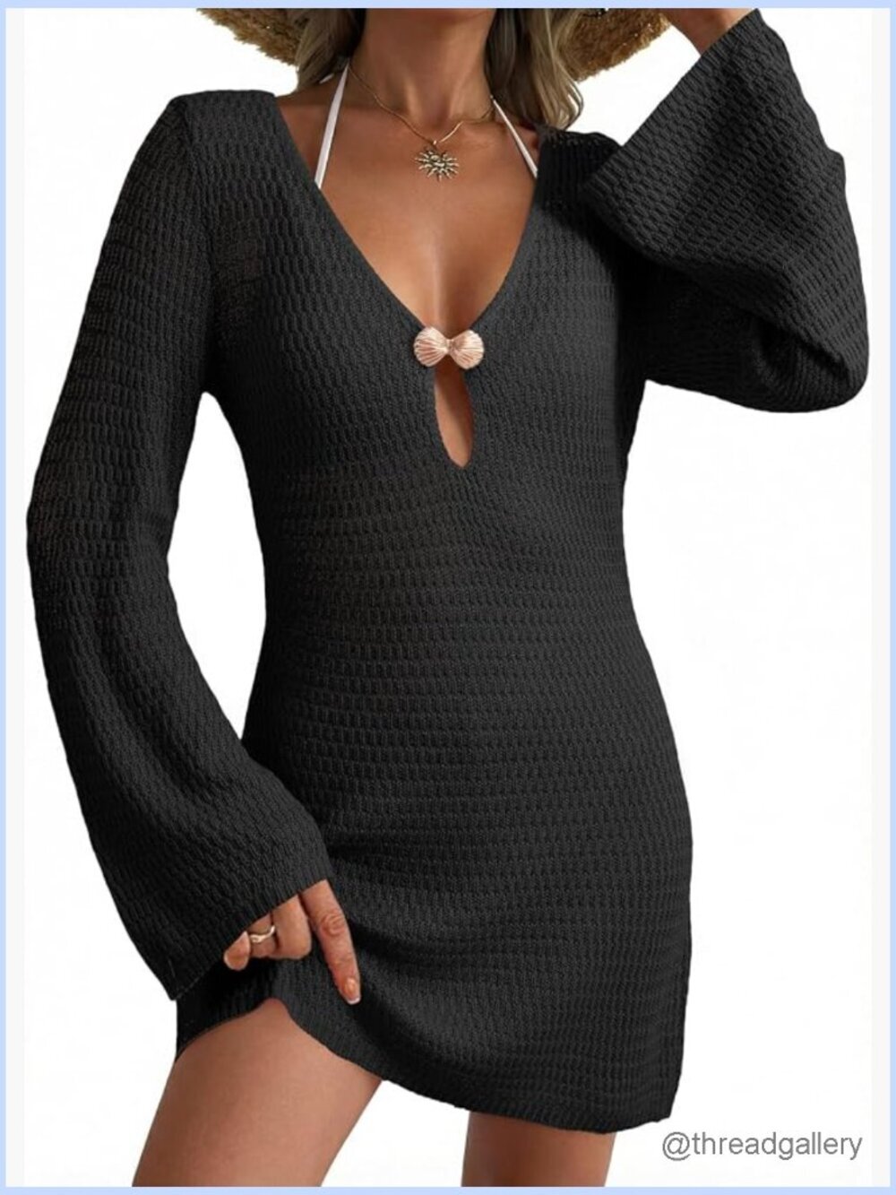 Women's Crochet Knit Hollow Out Cover Up Dress Deep V Neck Beach Swimsuit
